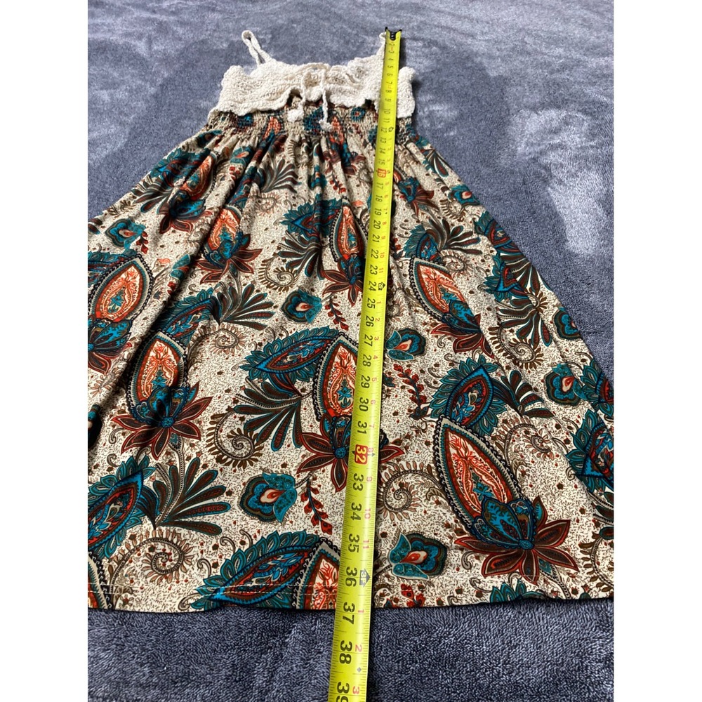 Boho Rustic Cottagecore Paisley Crochet Bodice Smocked Midi Summer Dress - Picture 6 of 7